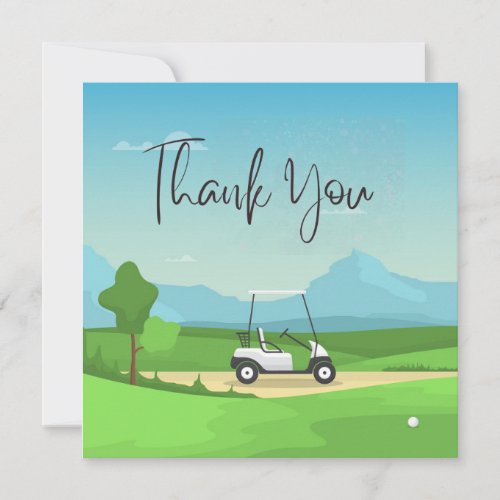 Golf  thank you card with golf cart on green 