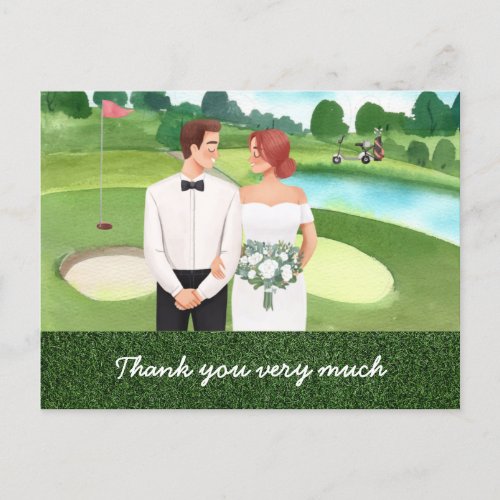 Golf Thank you card with golfer bride  Groom