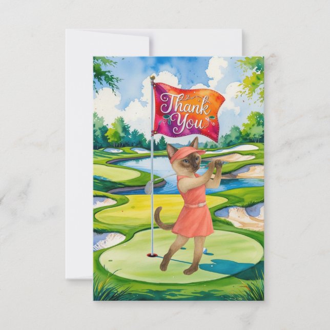 Golf Thank you card with golfer cat lover on green (Front)