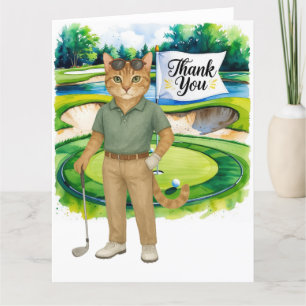 Golf Thank you card with golfer cat lover on green
