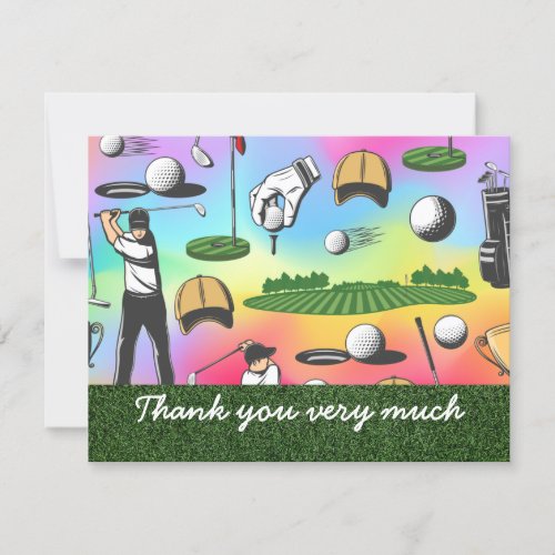 Golf Thank you card with golfer flag ball hat