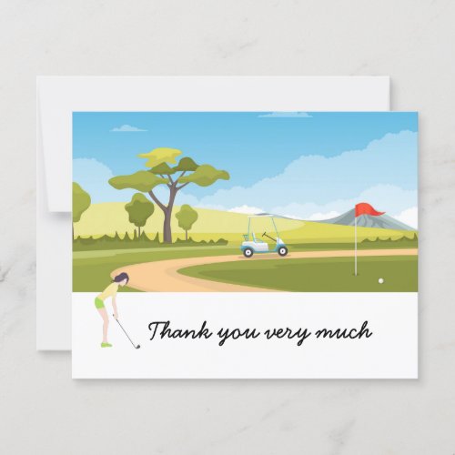 Golf Thank you card with woman golfer at green 