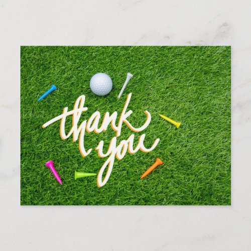 Golf Thank you with ball and colorful tee on green Postcard