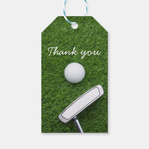 Golf thank you with golf ball and putter on green  gift tags