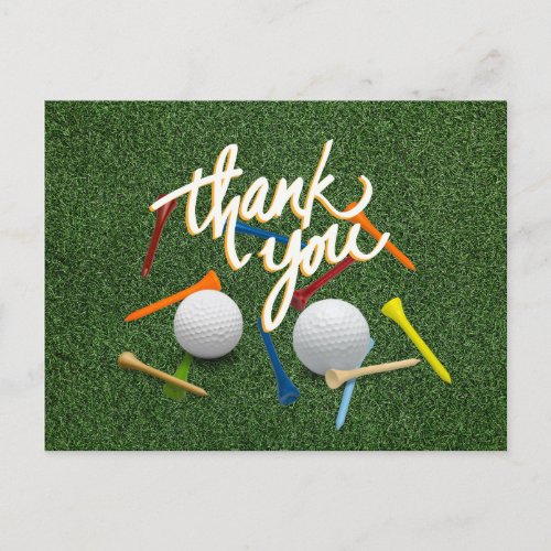 Golf Thank you with golf ball and tees on green   Postcard