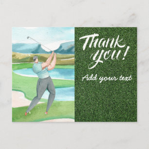 Golf thank you with golfer golfing on green postcard