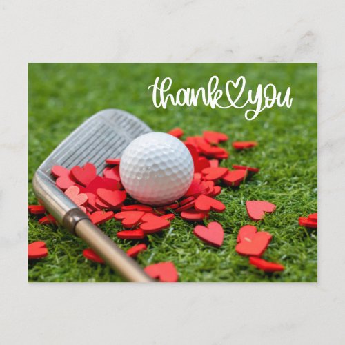 Golf Thank you with love red heart on green golfer Postcard