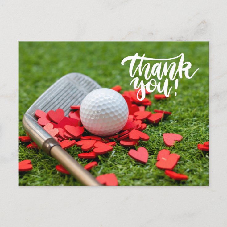 Golf Thank you with love red heart on green golfer Postcard | Zazzle