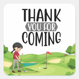 Golf thank you with woman golfer putting on green square sticker