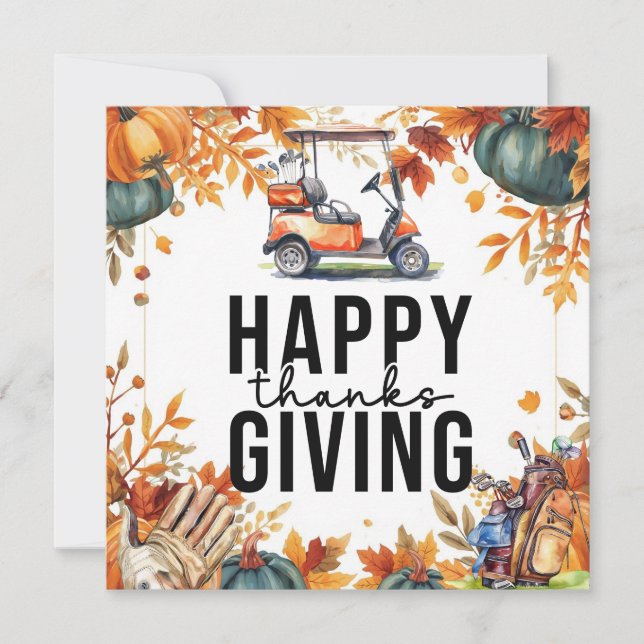 Golf Thanksgiving with golf cart Autumn themed Holiday Card (Front)