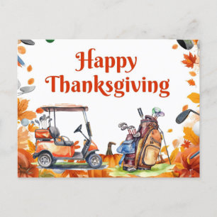 Golf Thanksgiving with golf cart Autumn themed Holiday Postcard