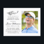 Golf Theme 21st SURPRISE Birthday Party Photo Invitation Postcard<br><div class="desc">Elegant black and white birthday invitation for a golfer. The top of the invitation is decorated with golf accessories - a golf club, golf ball, hat and gloves. The watercolor design creates a traditional and classic aesthetic. Perfect for a birthday bash at the club or a backyard BBQ. All of...</div>