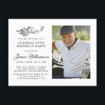 Golf Theme 90th SURPRISE Birthday Party Photo Invitation Postcard<br><div class="desc">Elegant black and white birthday invitation for a golfer. The top of the invitation is decorated with golf accessories - a golf club, golf ball, hat and gloves. The watercolor design creates a traditional and classic aesthetic. Perfect for a birthday bash at the club or a backyard BBQ. All of...</div>
