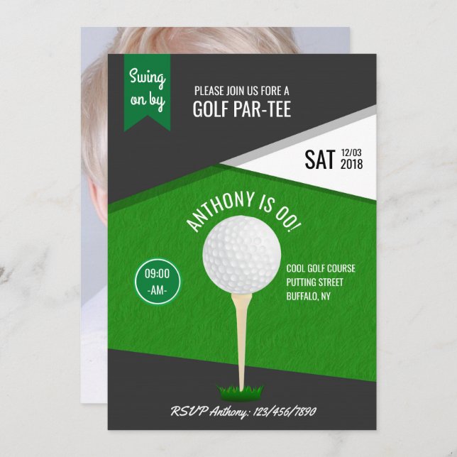 Golf Theme Birthday Party Customized Photo Invite (Front/Back)