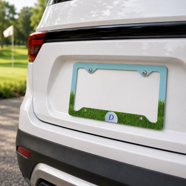 Golf Theme Monogram Blue Green License Plate Frame (For the golfer in your life. Add their initial!)