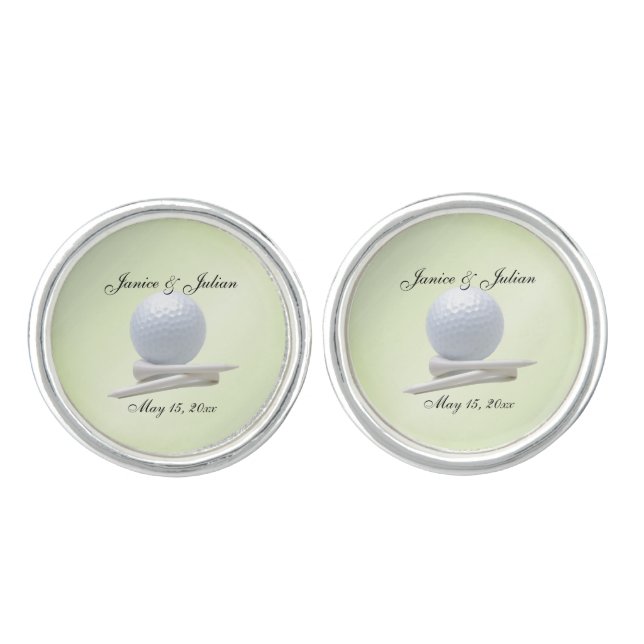 Golf Theme Wedding Green Names and Date Cufflinks (Front)