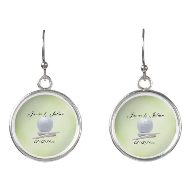 Golf Theme Wedding Green Names and Date Earrings (Front)