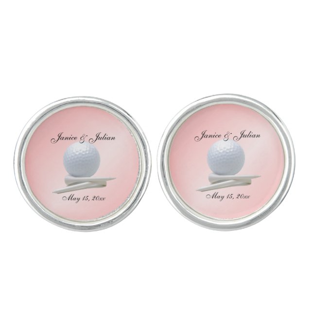 Golf Theme Wedding Pink Names and Date Cufflinks (Front)