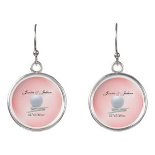 Golf Theme Wedding Pink Names and Date Earrings
