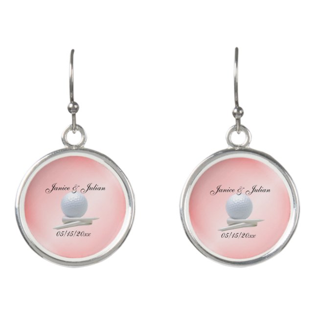 Golf Theme Wedding Pink Names and Date Earrings (Front)
