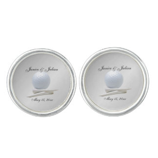 Golf Theme Wedding Silver Names and Date Cufflinks