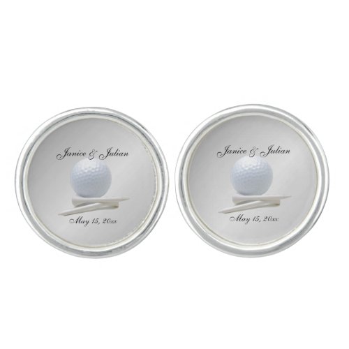 Golf Theme Wedding Silver Names and Date Cufflinks