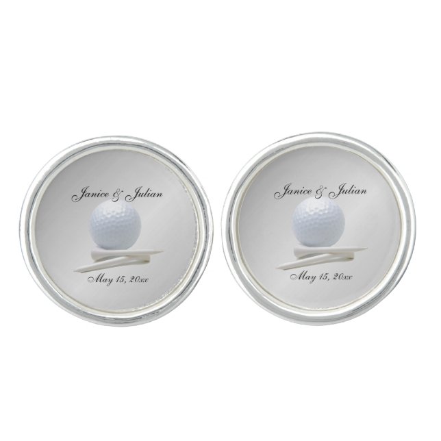 Golf Theme Wedding Silver Names and Date Cufflinks (Front)