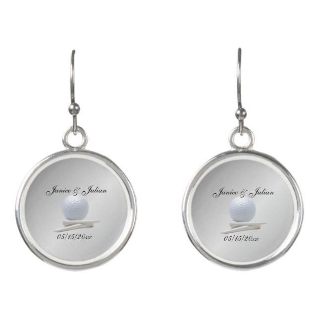 Golf Theme Wedding Silver Names and Date Earrings (Front)