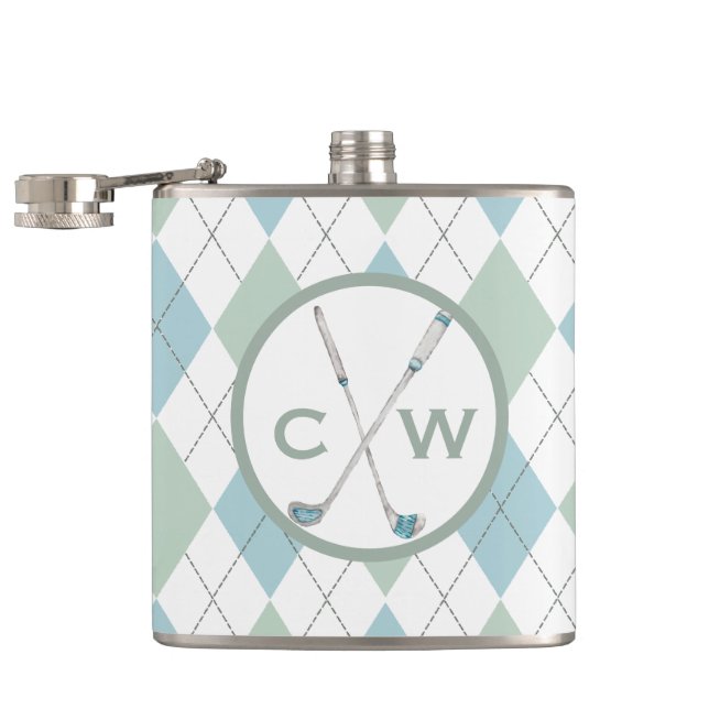 Golf Themed Argyle Personalized Monogram Flask (Opened)
