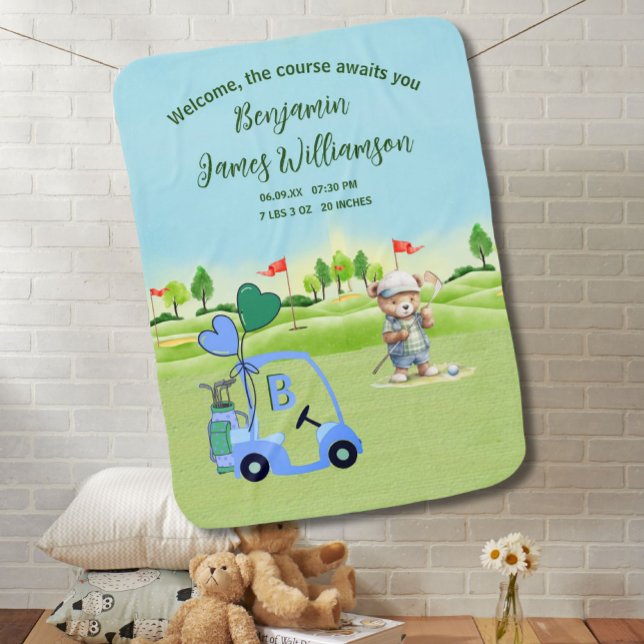 Golf Themed Boy Birth Stats Baby Blanket (Creator Uploaded)