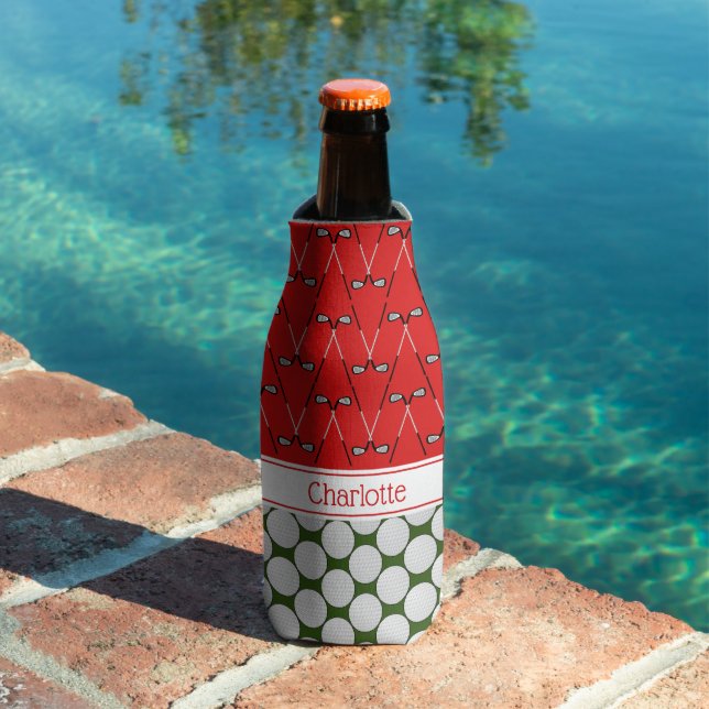 Golf themed pattern custom name red green bottle cooler (In Situ Pool)