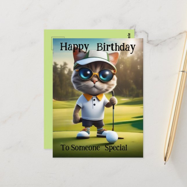 Golf Time: Funny Cat Golf Player, Birthday  Postcard (Front/Back In Situ)