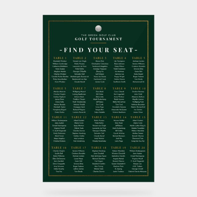 Golf Tournament Seating Chart Sign (Front)