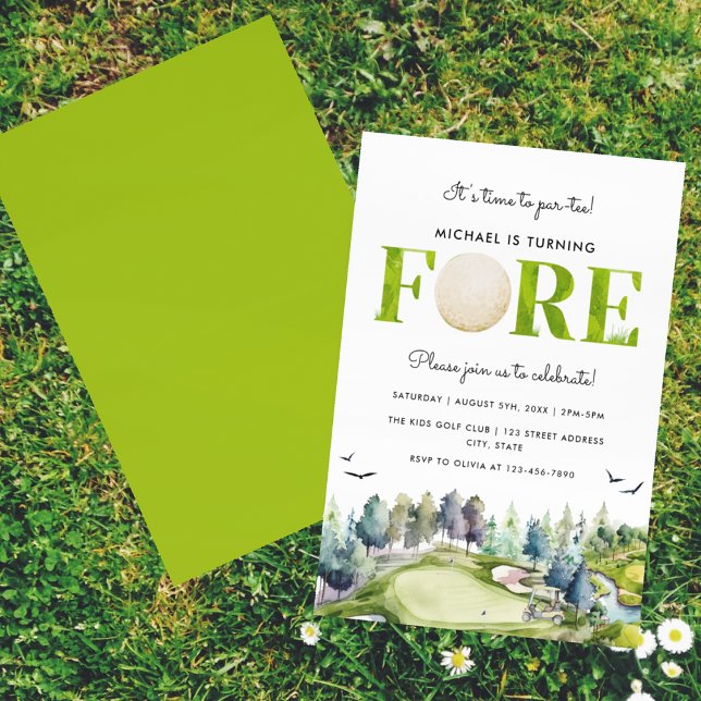 Golf Turning Fore Time to Par-tee 4th Birthday Invitation (Front and Back)