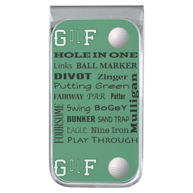 GOLF typography Silver Finish Money Clip (Front Vertical)