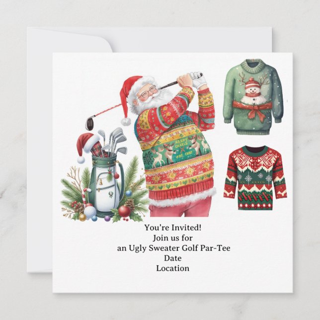 Golf Ugly Sweater Christmas Party Invitation Card (Front)