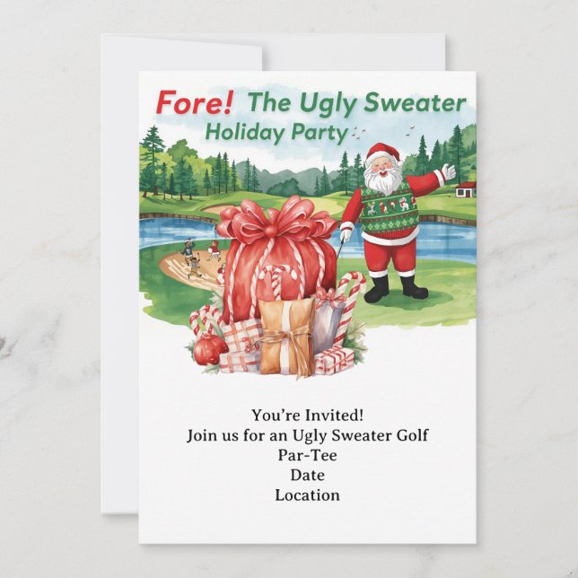 Golf Ugly Sweater Christmas Party Invitation Card (Front)