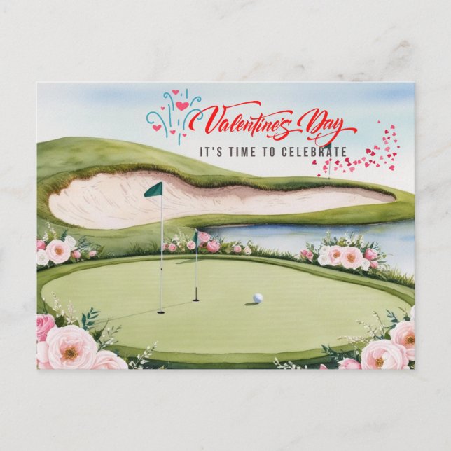 Golf Valentine's Day with golf cart on course  Hol Holiday Postcard (Front)