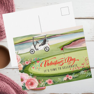 Golf Valentine's Day with golf cart on course Holiday Postcard