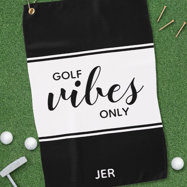 Golf Vibes Only Black and White Script Golf Towel (Creator Uploaded)