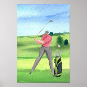 Golf watercolor golfer golfing on green poster
