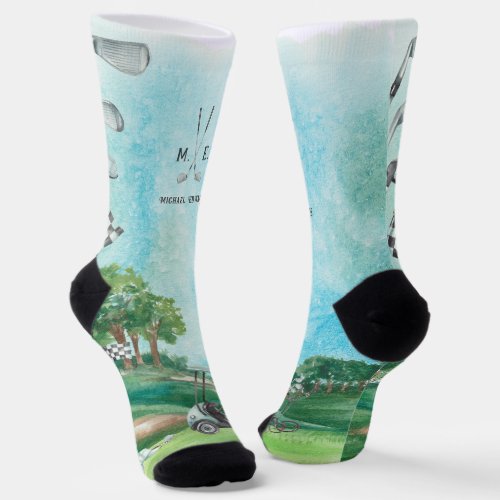 Golf  Watercolor Golfing Monogram Socks