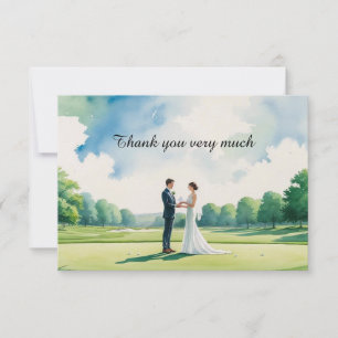 Golf wedding bride and groom on golf course thank you card