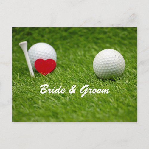 Golf wedding bride and groom tee off  with love postcard