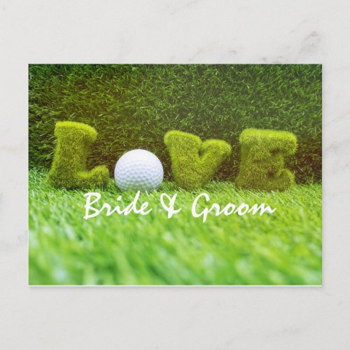 Golf wedding bride and groom with love on green postcard