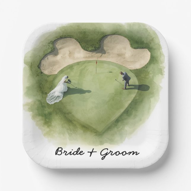 Golf wedding bride groom golf ball tee with love paper plates (Front)