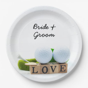 Golf wedding bride groom golf ball tee with love paper plates