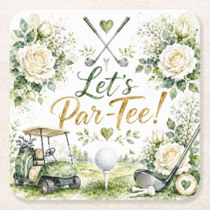 Golf Wedding Floral Let's Par Tee Square Paper Coaster