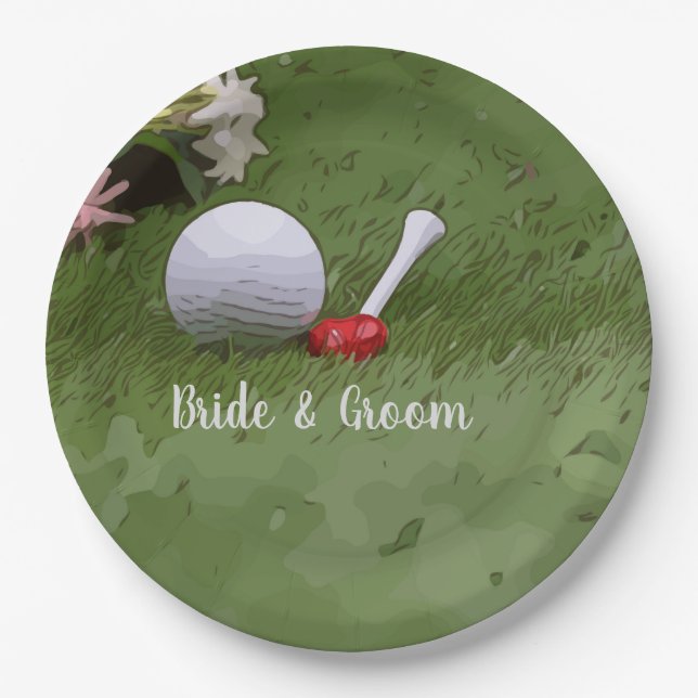 Golf Wedding golf ball and flower with love Paper Plates (Front)