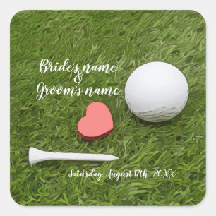 Golf Wedding golf ball and tee with love on green Square Sticker